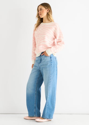 Gini London Pink Contrast Zebra Animal Knit Jumper