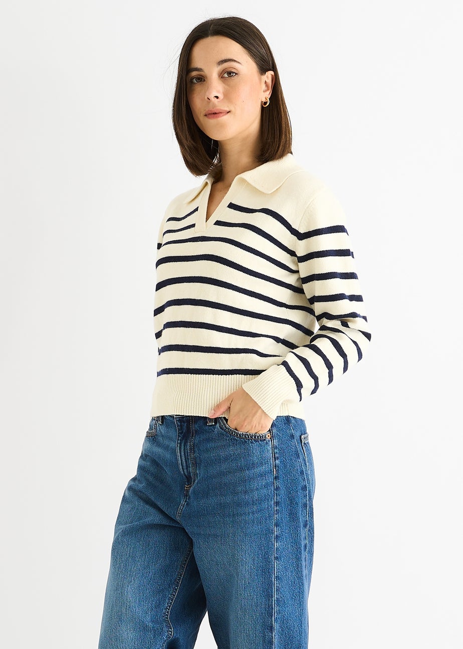Gini London Cream Recycle Stripe V Neck Collar Knit Jumper