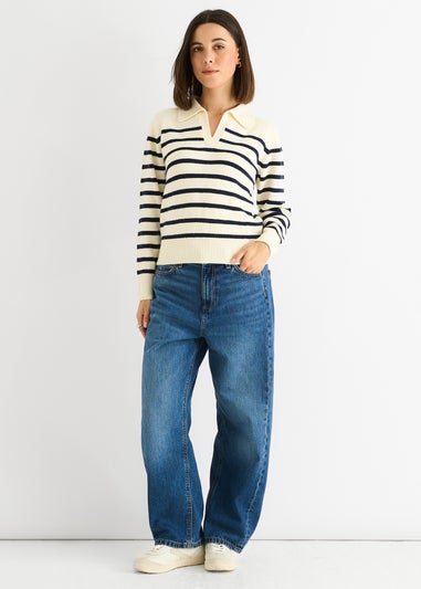 Gini London Cream Recycle Stripe V Neck Collar Knit Jumper