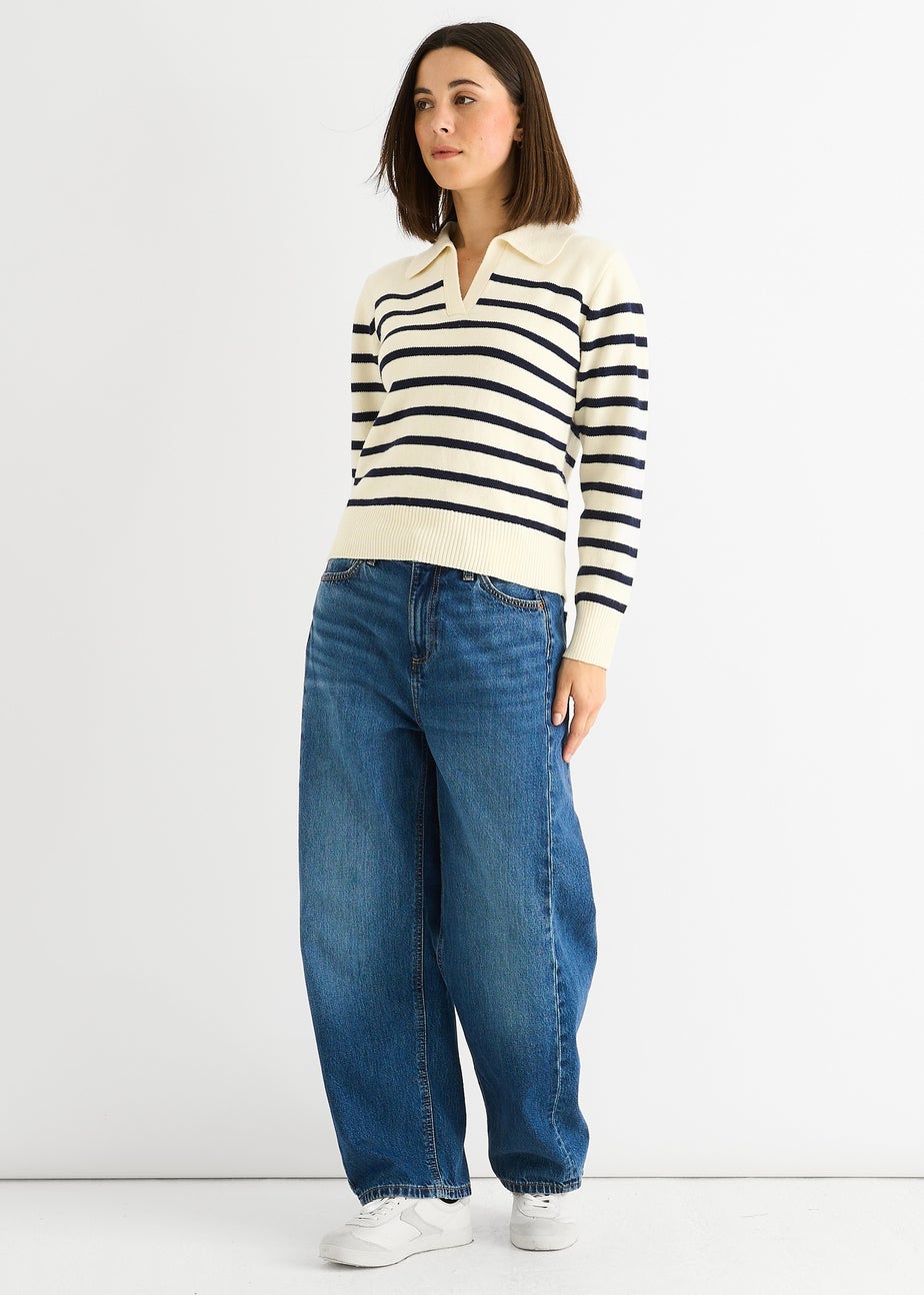 Gini London Cream Recycle Stripe V Neck Collar Knit Jumper