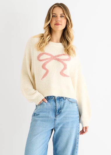 Gini London Cream Embossed Contrast Bow Short Knit Jumper