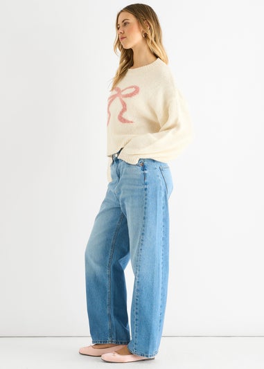 Gini London Cream Embossed Contrast Bow Short Knit Jumper