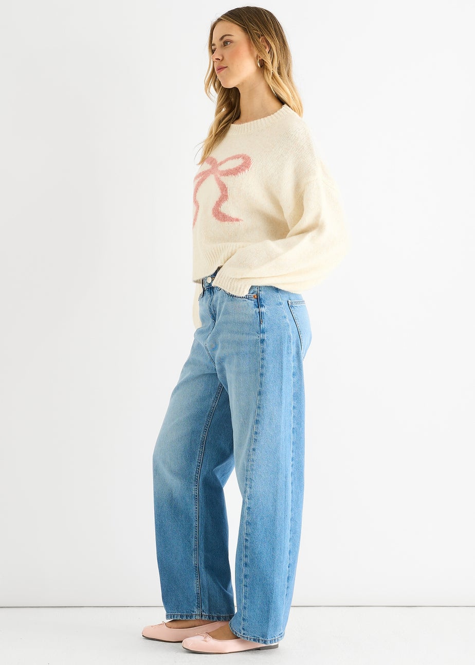 Gini London Cream Embossed Contrast Bow Short Knit Jumper