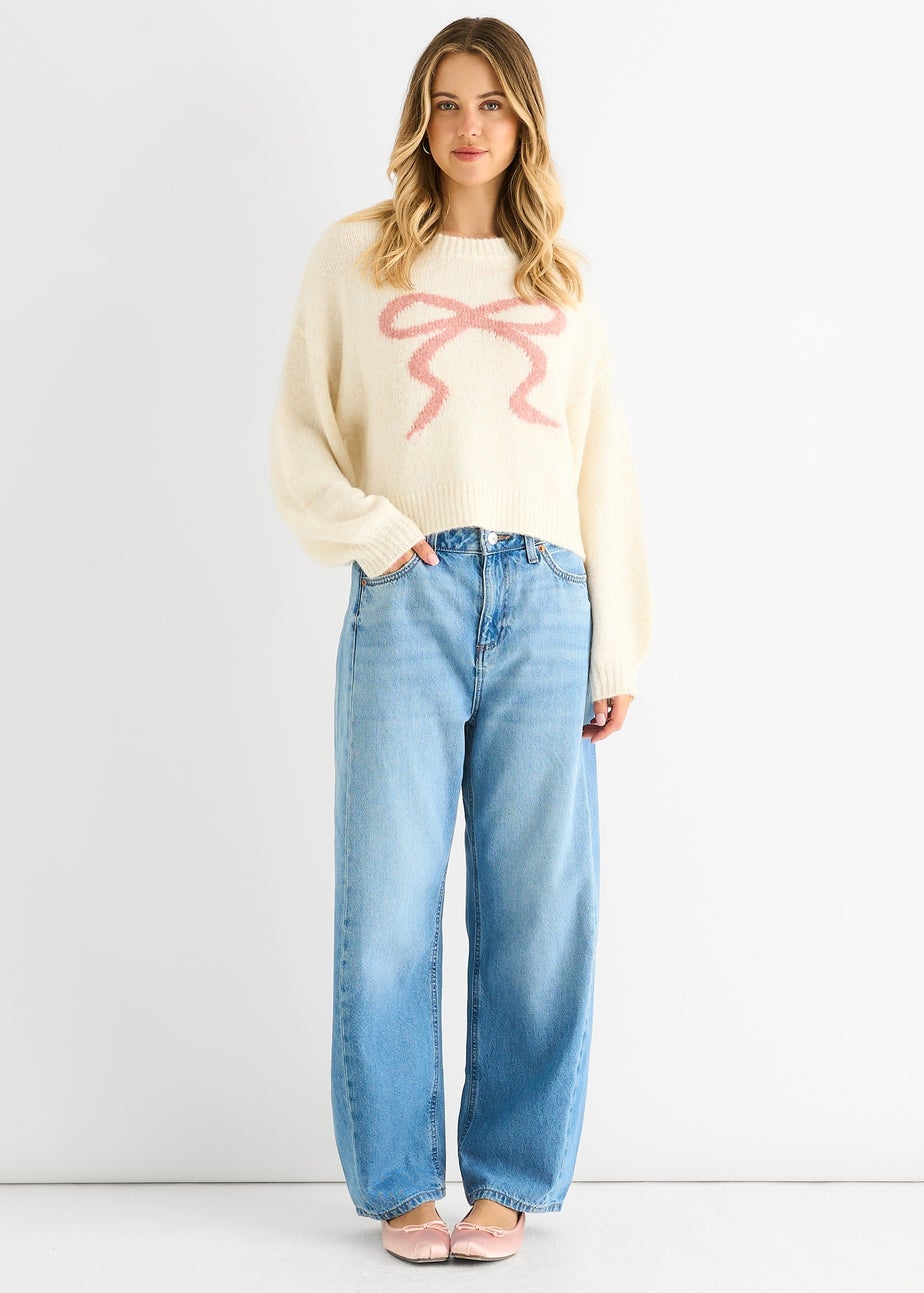 Gini London Cream Embossed Contrast Bow Short Knit Jumper