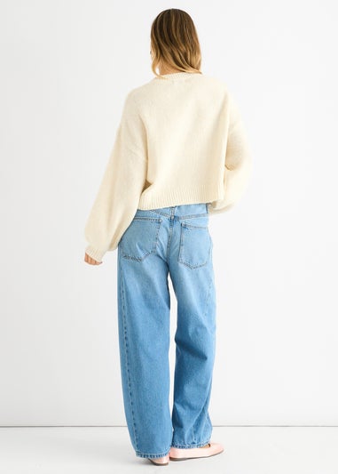 Gini London Cream Embossed Contrast Bow Short Knit Jumper