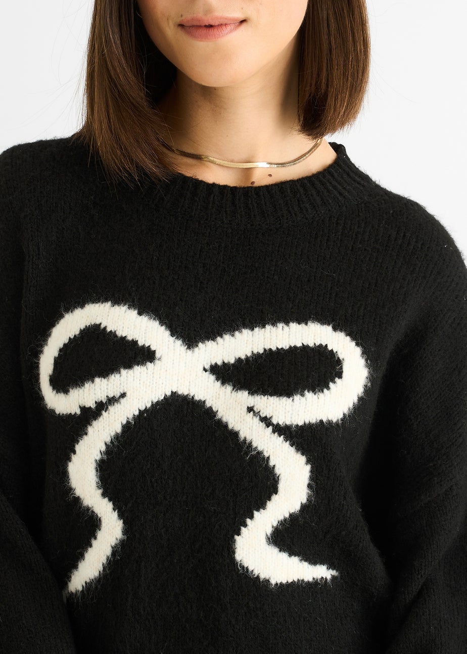 Gini London Black Embossed Contrast Bow Short Knit Jumper
