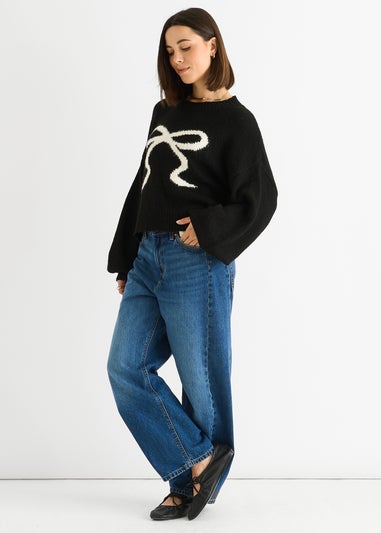 Gini London Black Embossed Contrast Bow Short Knit Jumper