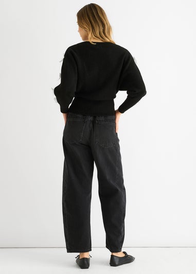 Gini London Black Slash Neck Crop Bow Knit Jumper