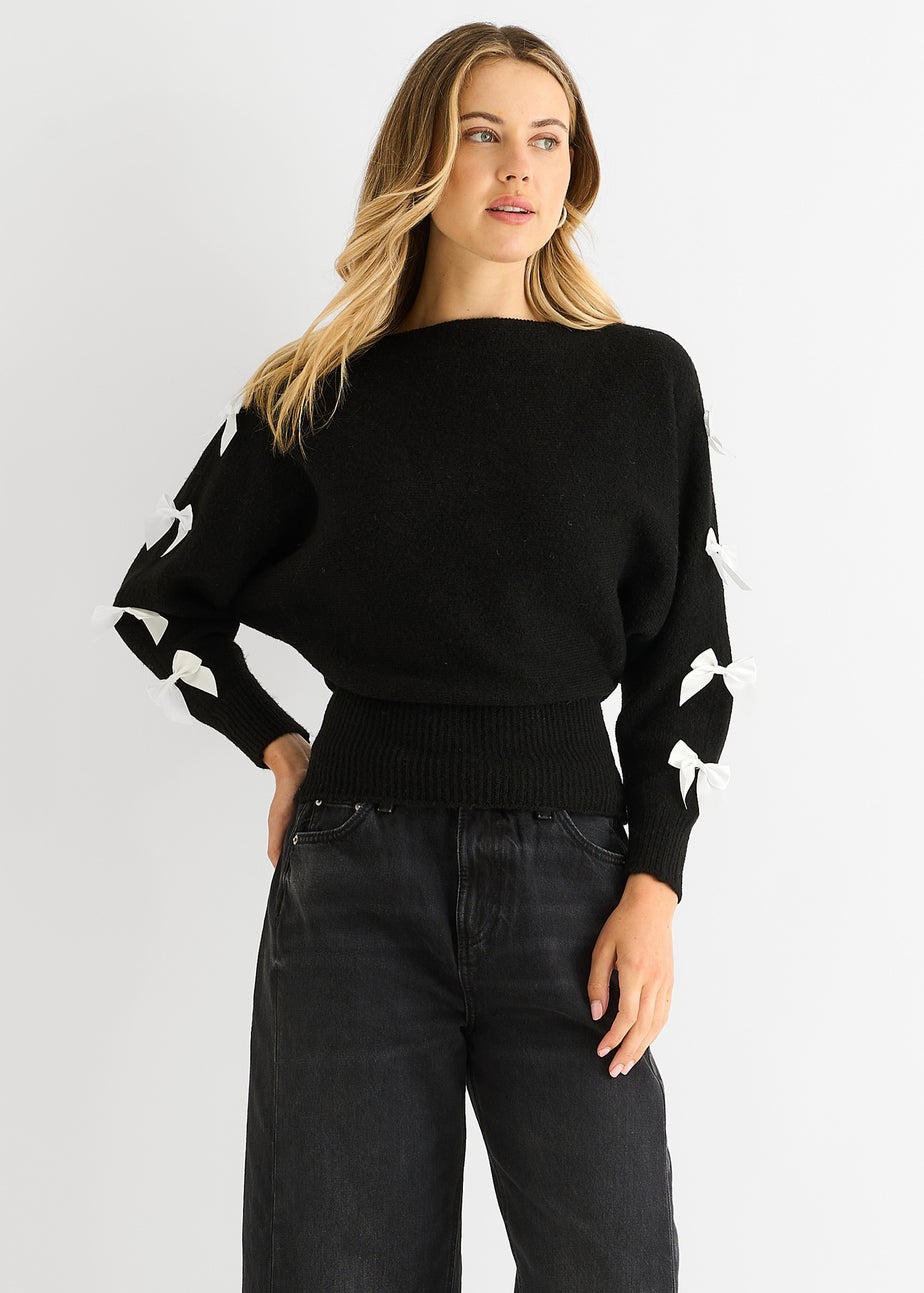 Gini London Black Slash Neck Crop Bow Knit Jumper