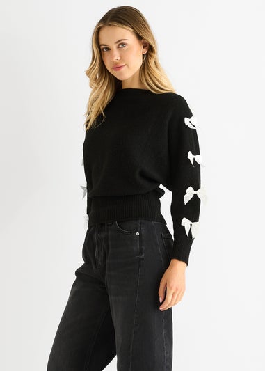 Gini London Black Slash Neck Crop Bow Knit Jumper