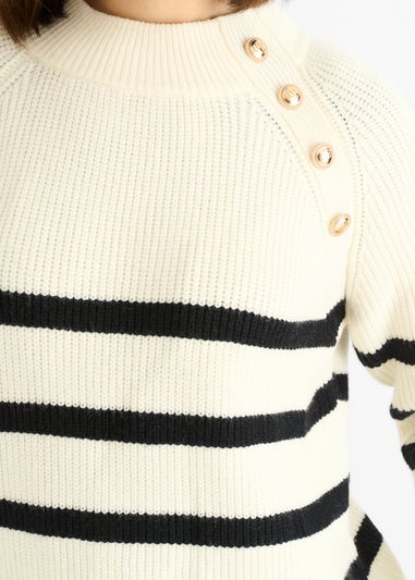 Gini London Cream Stripe Cable Knit Button Oversized Jumper
