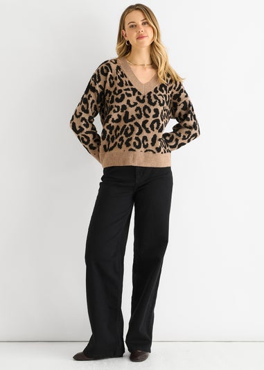 Gini London Camel Animal V Neck Short Knit Jumper