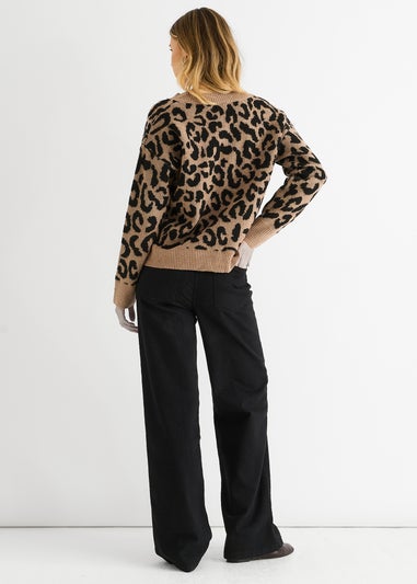 Gini London Camel Animal V Neck Short Knit Jumper