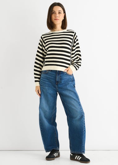 Gini London White Recycle Contrast Stripe Loose Fit Knit Jumper