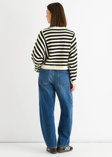 Gini London White Recycle Contrast Stripe Loose Fit Knit Jumper