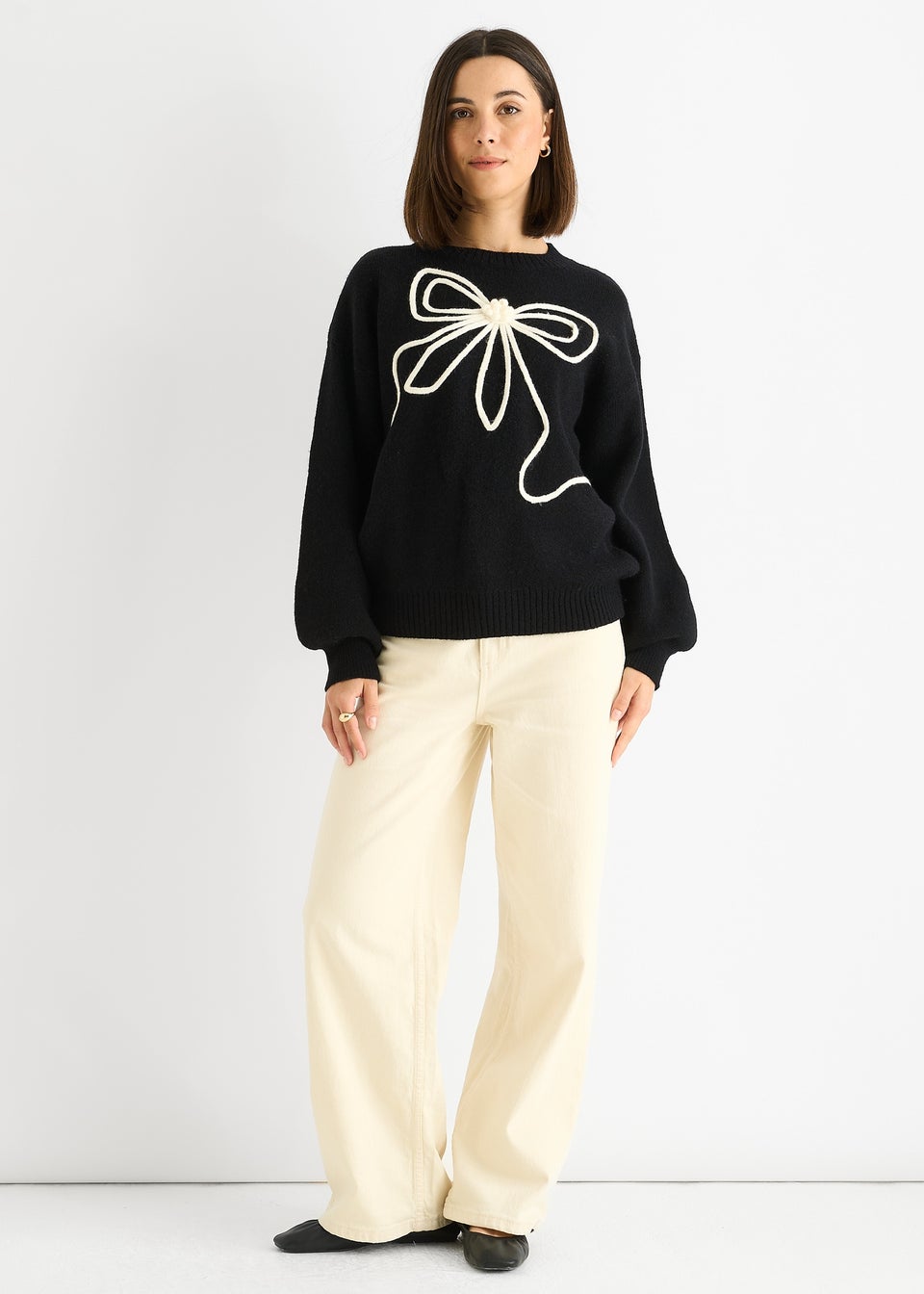 Gini London Black Contrast Bow pattern oversized Jumper