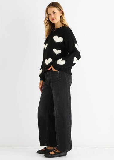 Gini London Black Contrast Heart Oversized Knit Jumper