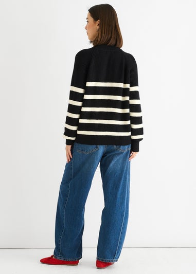 Gini London Black Stripe Cable Knit Button Oversized Jumper