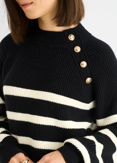 Gini London Black Stripe Cable Knit Button Oversized Jumper