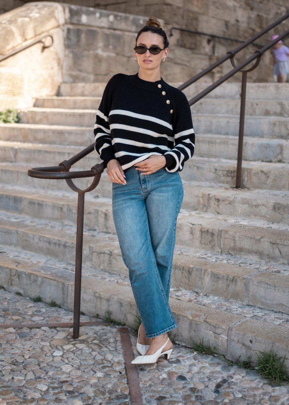 Gini London Black Stripe Cable Knit Button Oversized Jumper