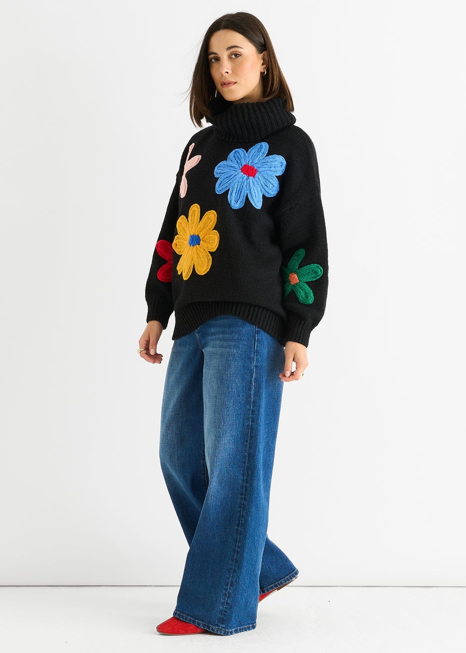 Gini London Black Floral Applique Oversized Jumper