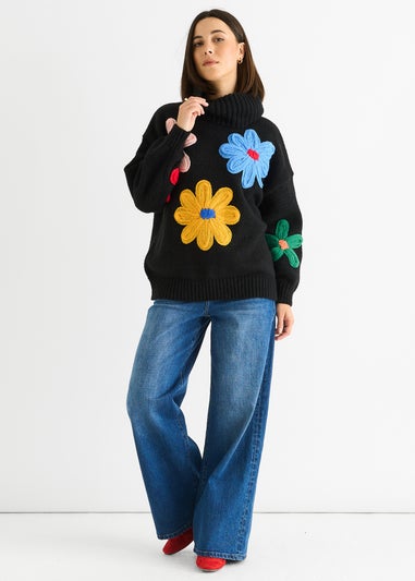Gini London Black Floral Applique Oversized Jumper