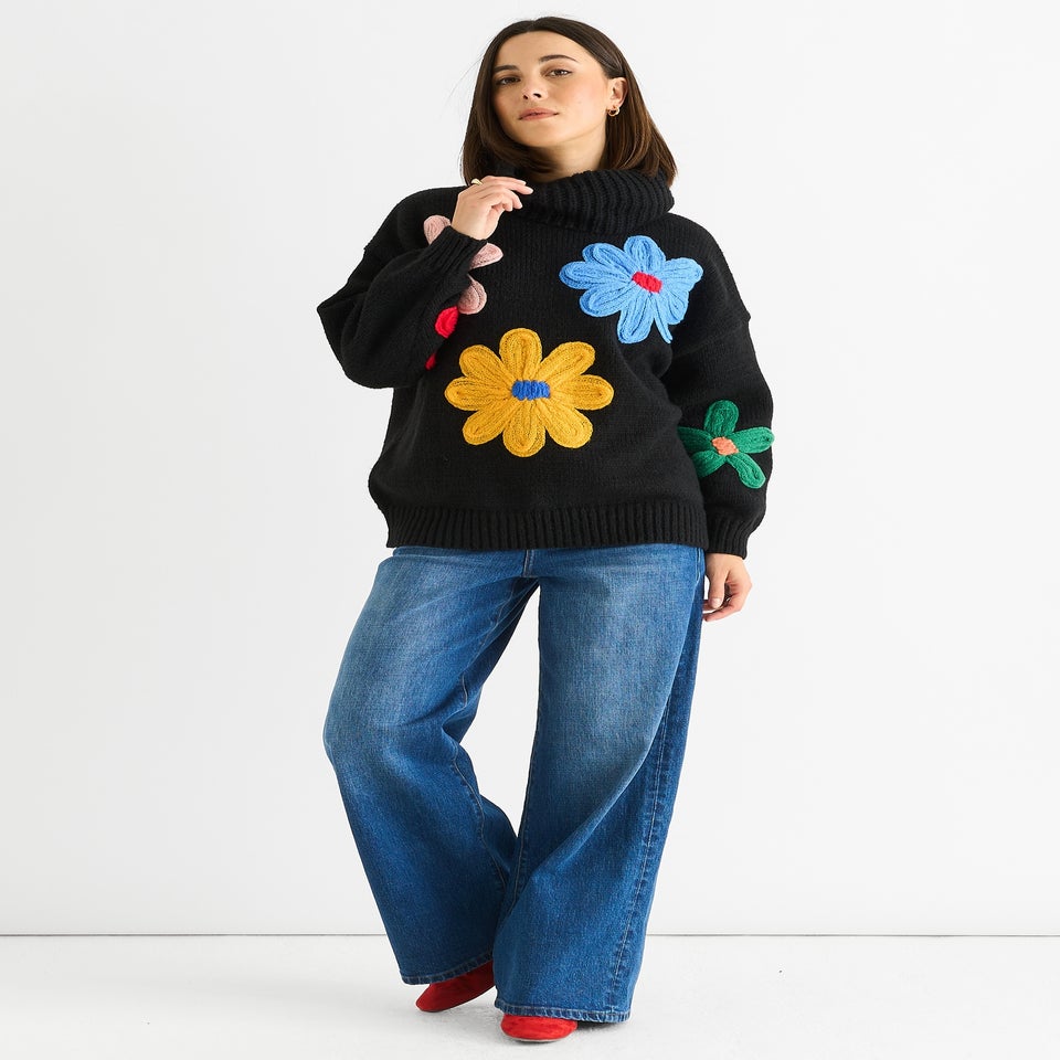 Gini London Black Floral Applique Oversized Jumper