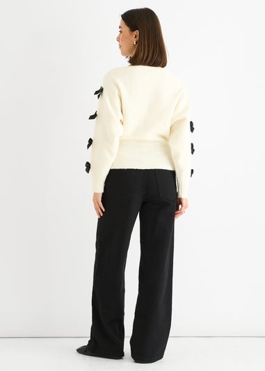 Gini London Cream Slash Neck Crop Bow Knit Jumper
