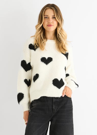 Gini London Cream Contrast Heart Oversized Knit Jumper