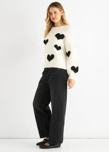 Gini London Cream Contrast Heart Oversized Knit Jumper