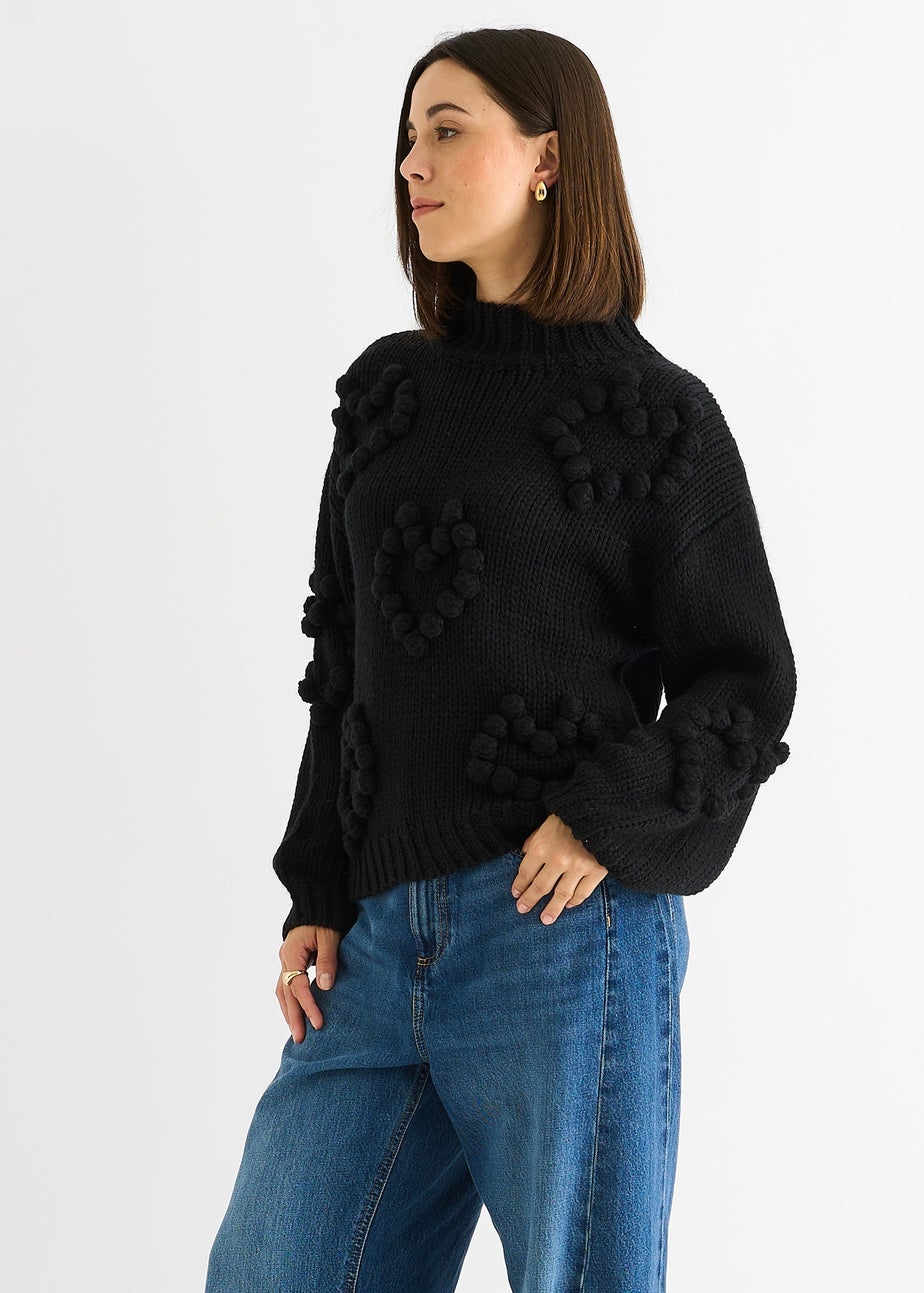 Gini London Black Heart Bubble Chunky Knit High Neck Jumper