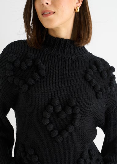 Gini London Black Heart Bubble Chunky Knit High Neck Jumper