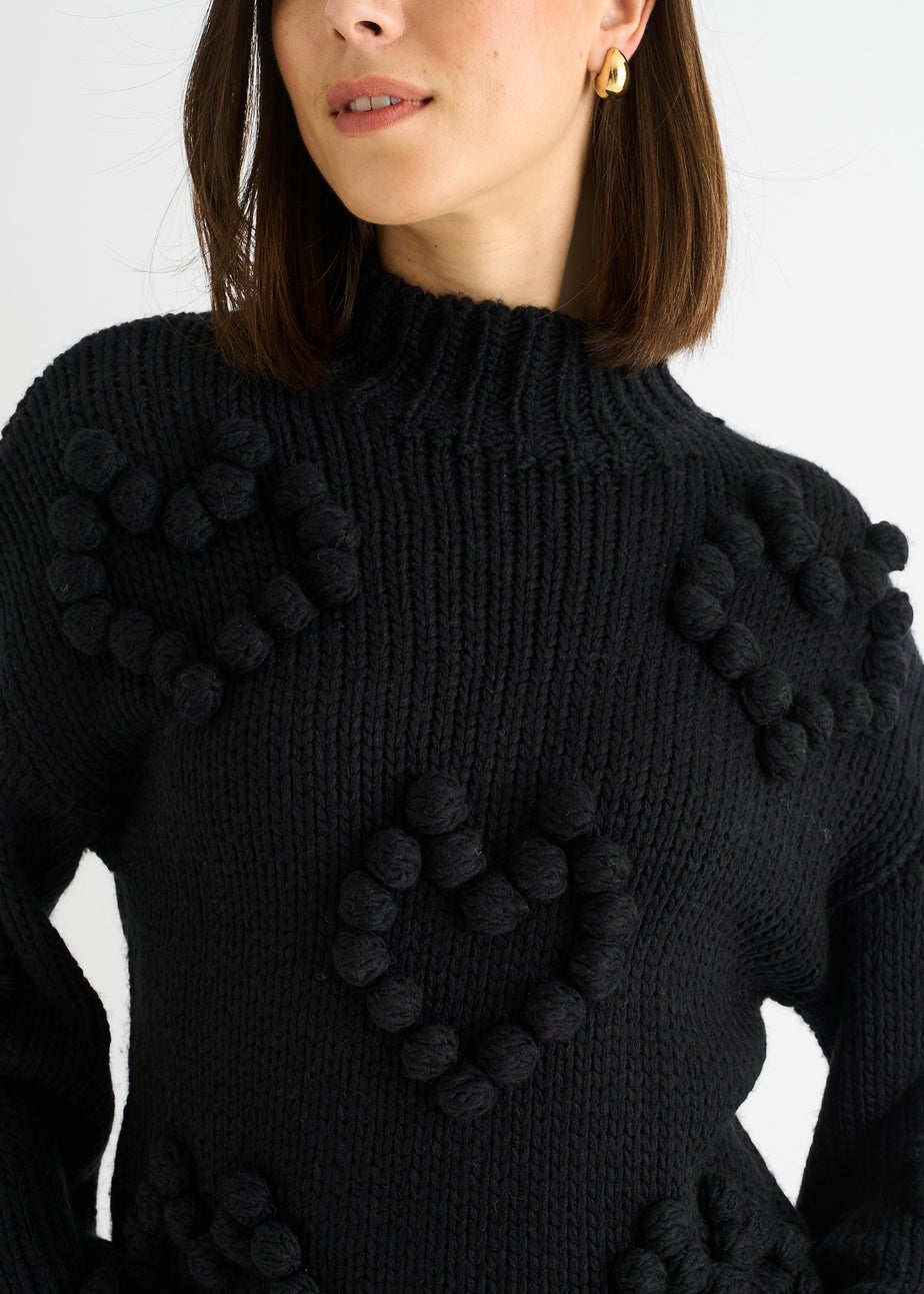 Gini London Black Heart Bubble Chunky Knit High Neck Jumper