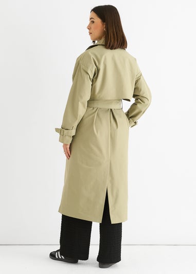 Gini London Sage Green Double Breast Longline Belted Trench Coat