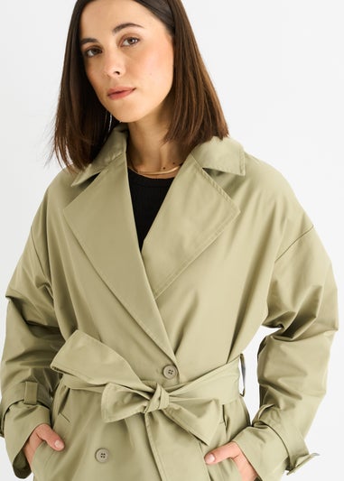 Gini London Sage Green Double Breast Longline Belted Trench Coat