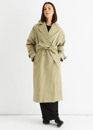 Gini London Sage Green Double Breast Longline Belted Trench Coat