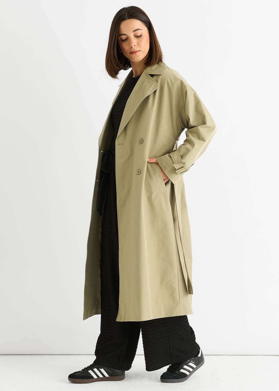 Gini London Sage Green Double Breast Longline Belted Trench Coat