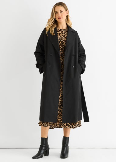 Gini London Black Double Breast Longline Belted Trench Coat