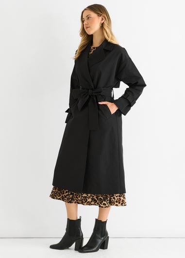 Gini London Black Double Breast Longline Belted Trench Coat
