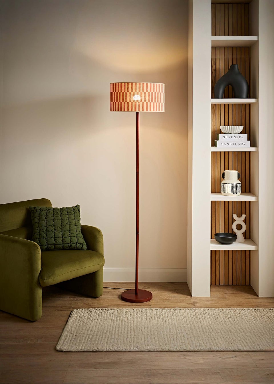 ValueLights Heather Dark Wood Floor Lamp with Orange Bamboo Lampshade