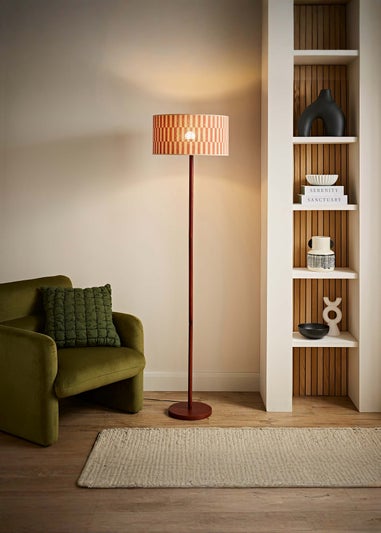 ValueLights Heather Dark Wood Floor Lamp with Orange Bamboo Lampshade