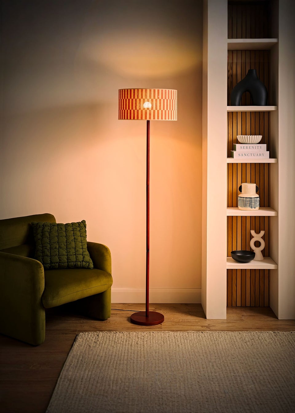 ValueLights Heather Dark Wood Floor Lamp with Orange Bamboo Lampshade