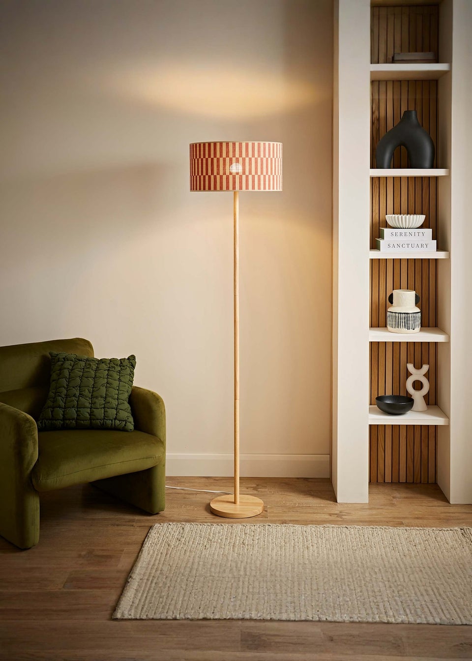 ValueLights Heather Light Wood Floor Lamp with Orange Bamboo Lampshade