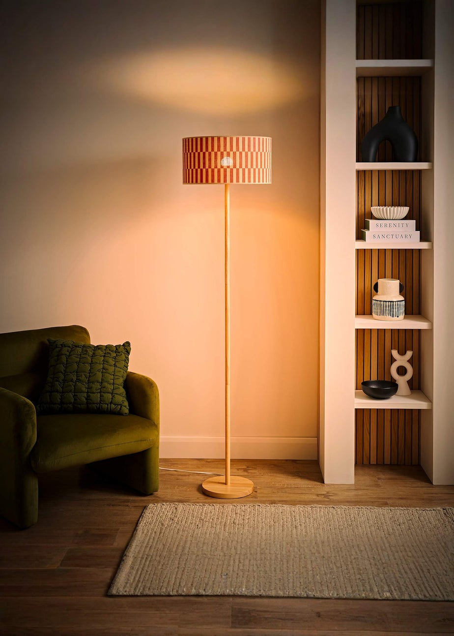 ValueLights Heather Light Wood Floor Lamp with Orange Bamboo Lampshade
