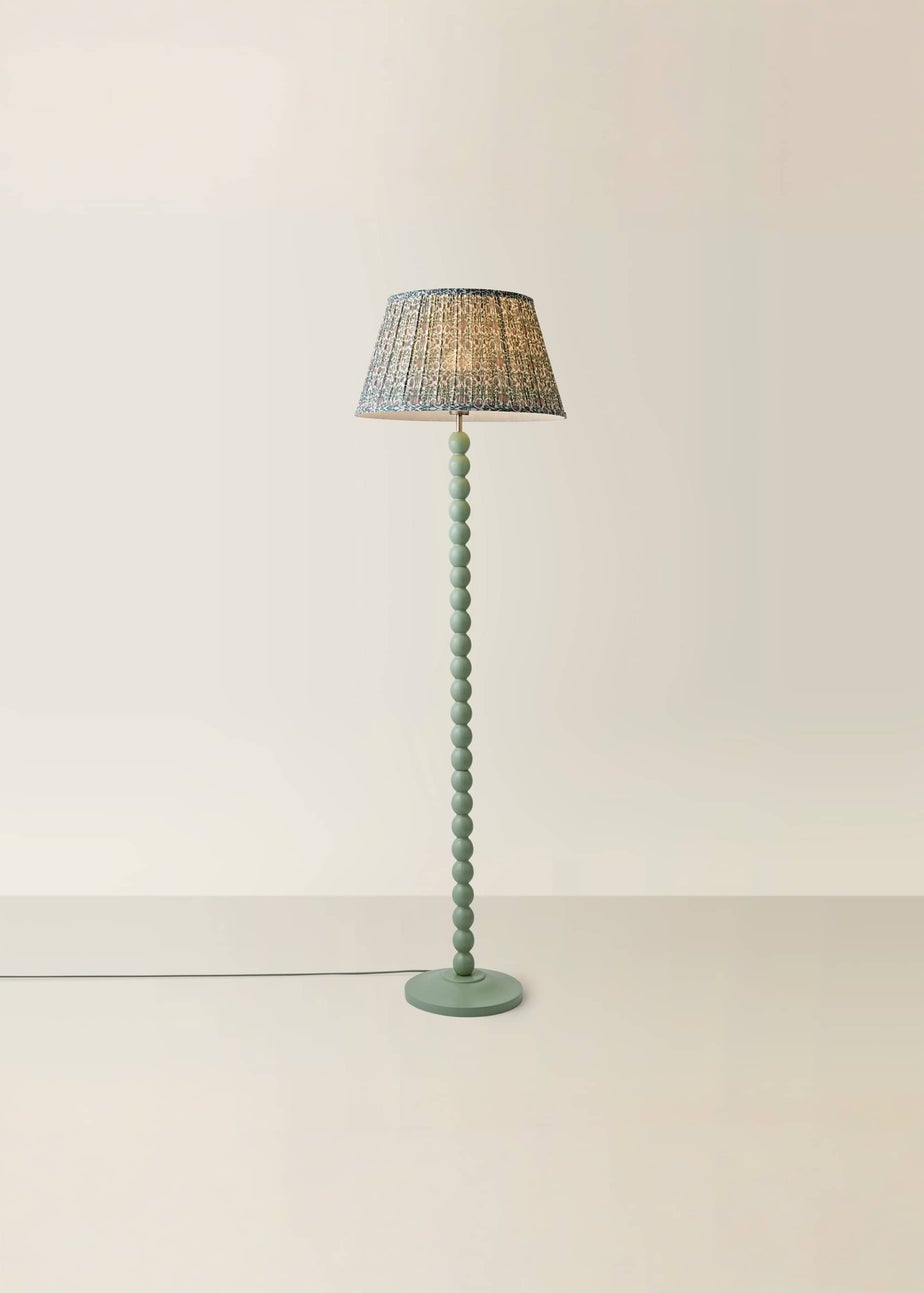 ValueLights Sage Green Bobbin Floor Lamp with Floral Pleated Lampshade
