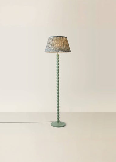 ValueLights Sage Green Bobbin Floor Lamp with Floral Pleated Lampshade