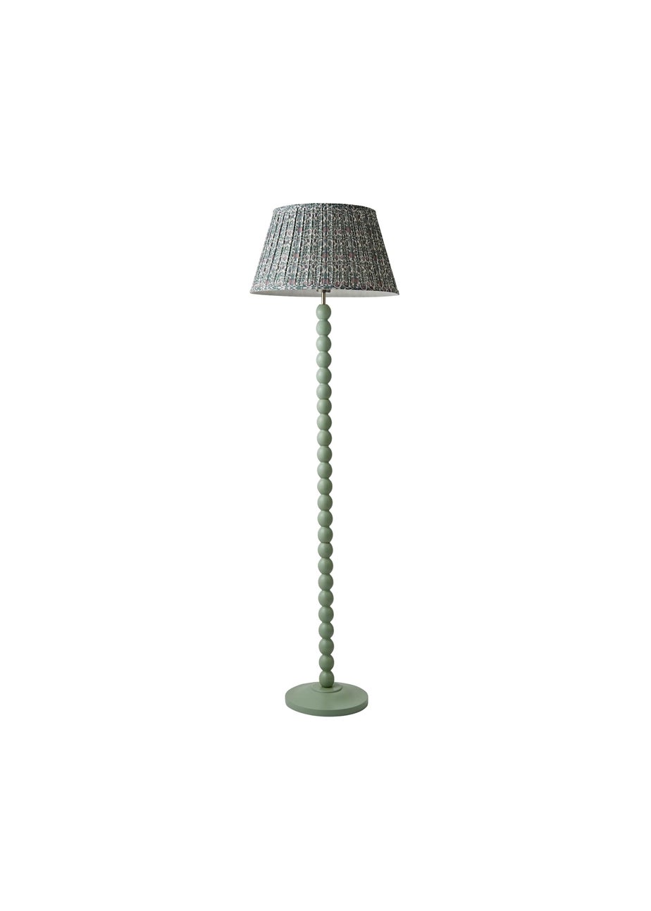 ValueLights Sage Green Bobbin Floor Lamp with Floral Pleated Lampshade