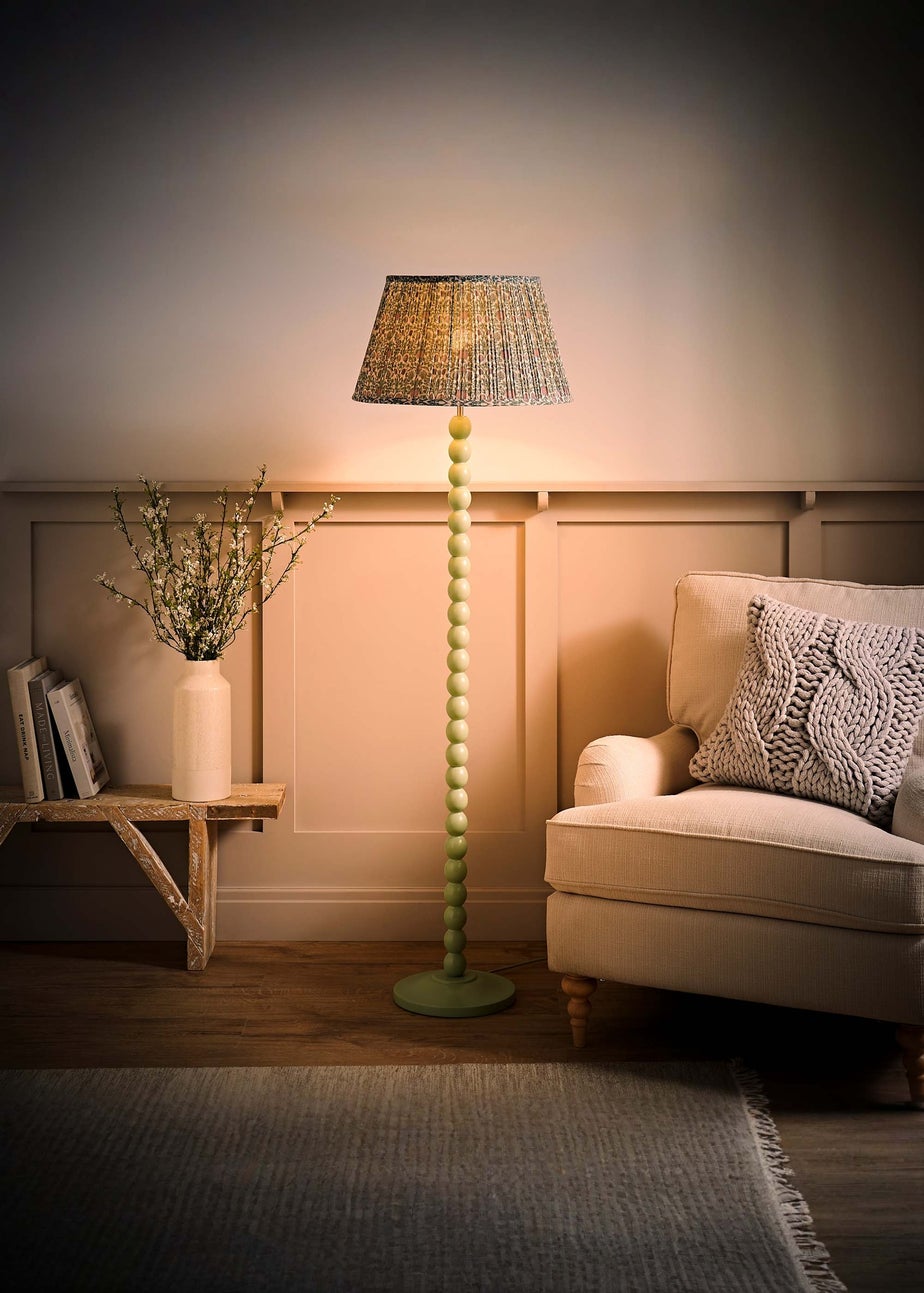 ValueLights Sage Green Bobbin Floor Lamp with Floral Pleated Lampshade