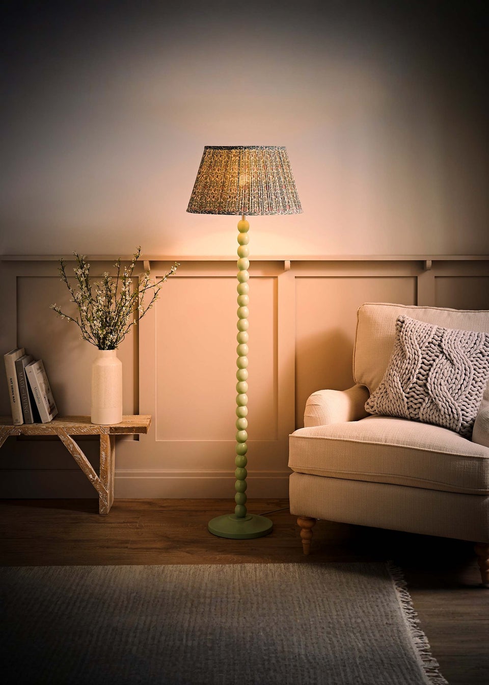 ValueLights Sage Green Bobbin Floor Lamp with Floral Pleated Lampshade