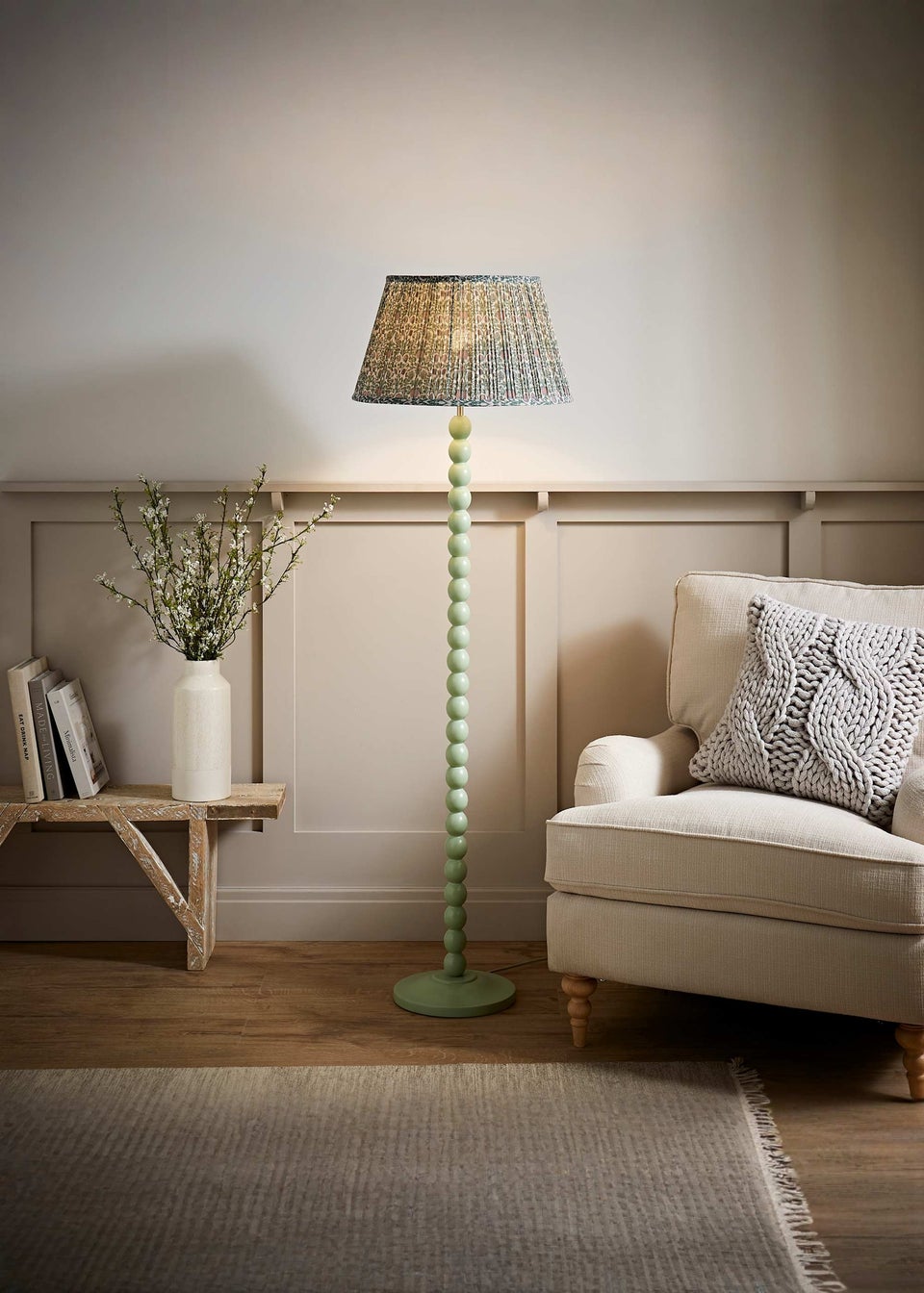 ValueLights Sage Green Bobbin Floor Lamp with Floral Pleated Lampshade